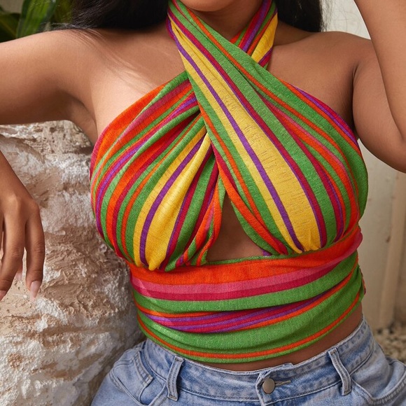 SHEIN Tops - NEW Striped Colorblock Cross Wrap Halter Top